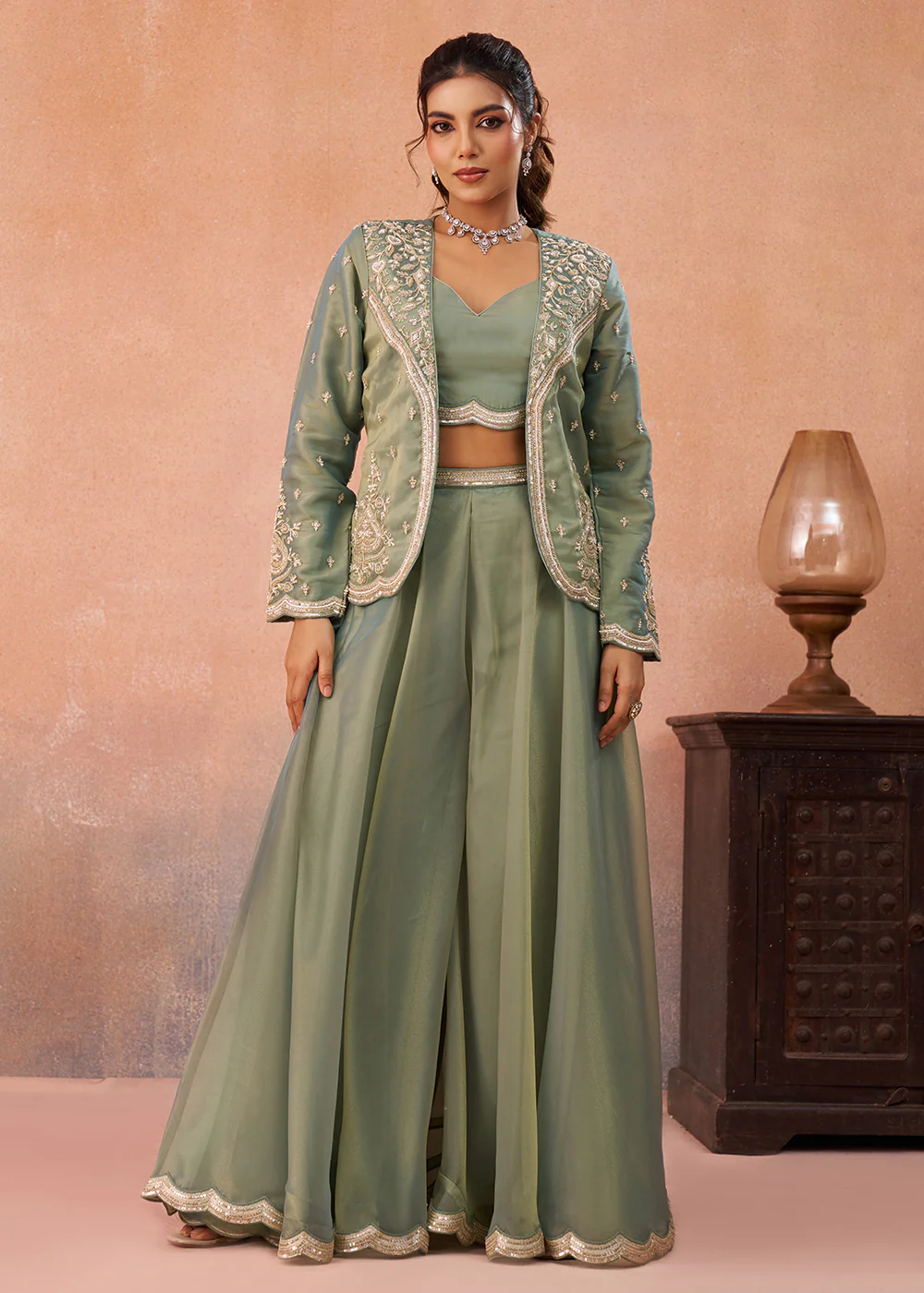 Green Tissue Indo Western Crop Top with Embroiderd Jacket