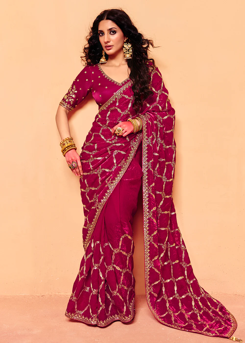 Hot Pink Designer Style Embroidered Saree