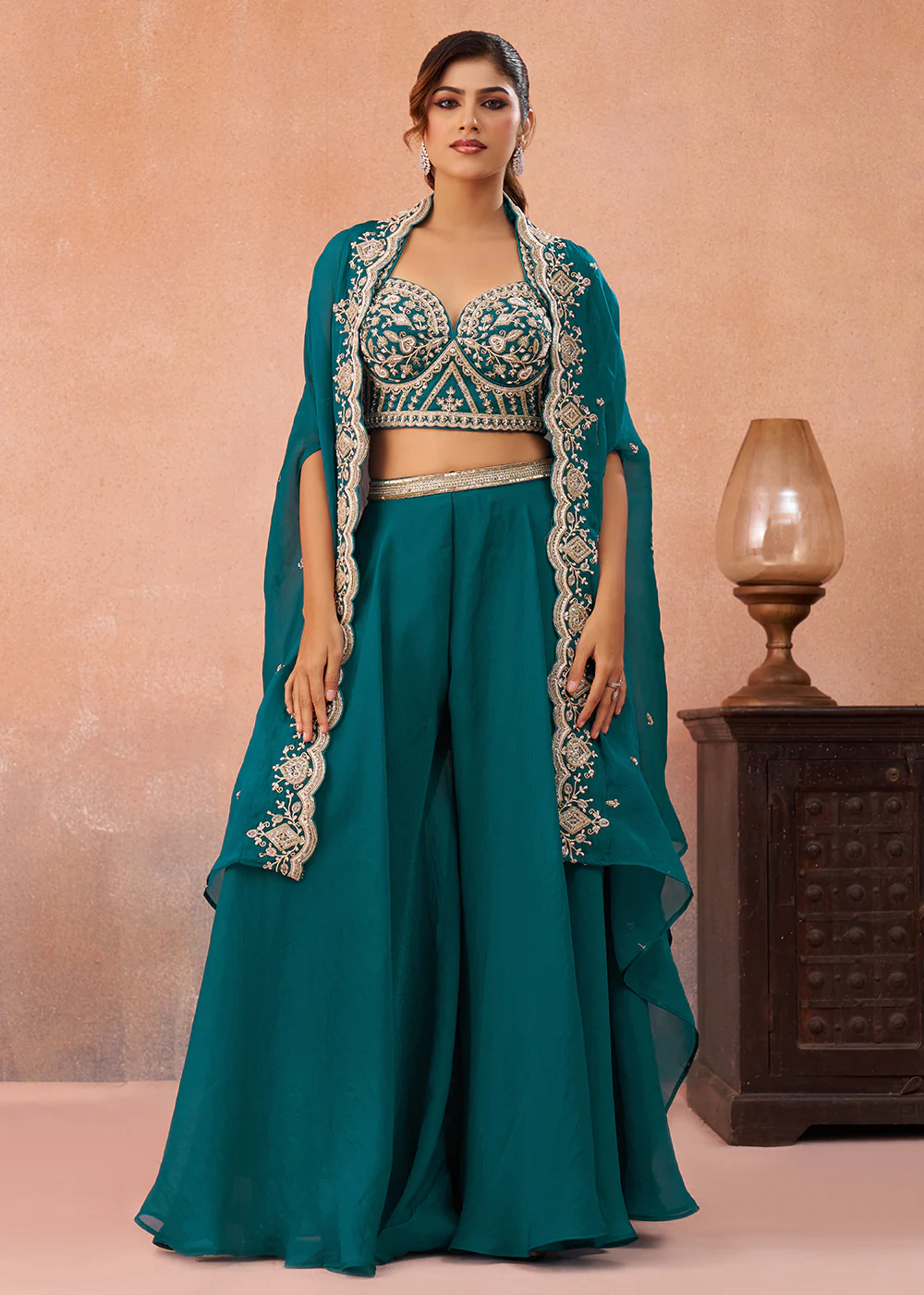 Teal Organza Indo Western Crop Top with Flared Cape