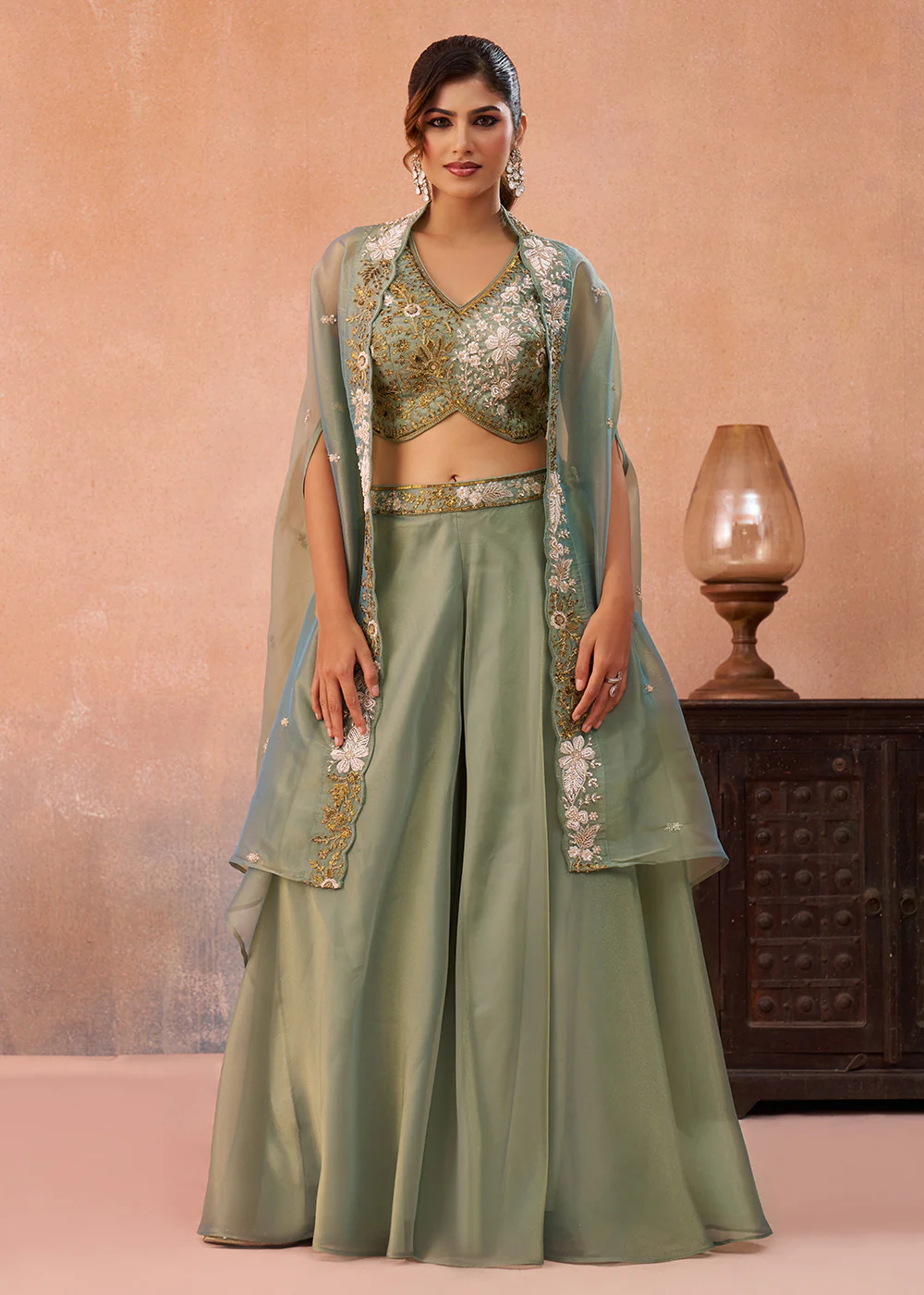 Tissue Green Indo Western Crop Top with Flared Cape