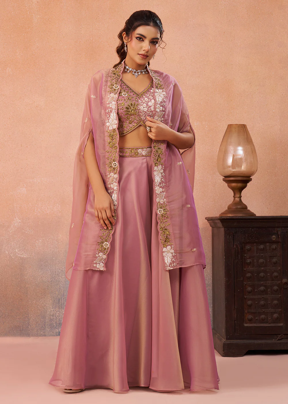 Tissue Pink Indo Western Crop Top with Flared Cape